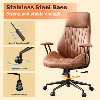 Home Office Chair,Ergonomic Computer Chair with Lumbar Support Adjustable Height,Mid-Century Modern Office Chair with Rolling Swivel Chair for Home Office Game Study(Suede High Back Chair,Light Brown)