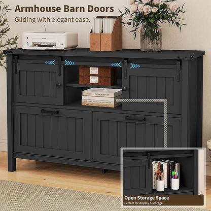 Farmhouse File Cabinet with Charging, Sliding Barn Doors & 2 Drawers, Cute Printer Stand with Open Shelf for Home Office, Remote Work, Black