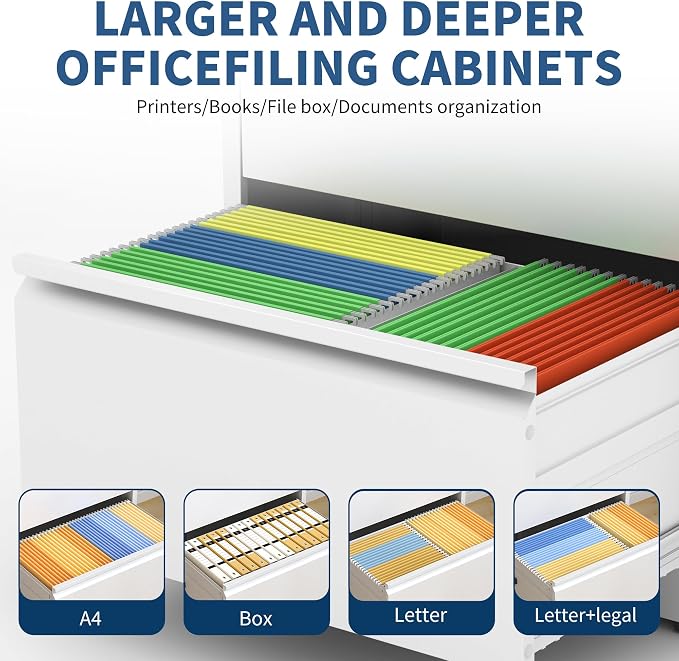 4 Drawer File Cabinet with Lock, White Metal Lateral Filing Cabinets for Home Office, Heavy Duty Steel Horizontal Locking Storage Cabinet for Legal/Letter/A4 Size File, Assembly Required