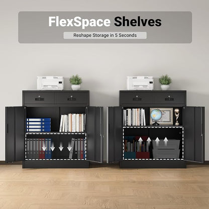CJF Metal Storage Cabinet, Locking Cabinet with Adjustable Shelf and 2 Drawers, Metal Cabinets for Office, Home, Garage 36" H x 32" W x 16" D (Black)