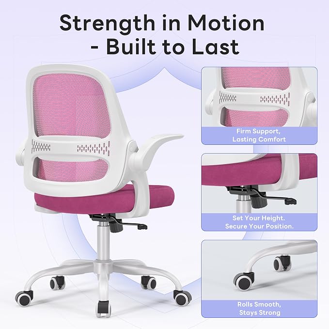 amseatec Office Chair，Ergonomic Mesh Desk Chair,Flip-Up Arms,Adjustable Height,Breathable Mesh Back & Thick Cushion Seat,360°Swivel Rolling Computer Chair,BIFMA Certified,Supports 300 lbs(Pink)