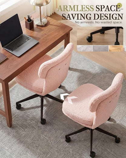COMHOMA Vanity Chair with Ergonomic Curved Backrest, Home Office Desk Chair with Silent Wheel, Wide Seating Computer Chair for Girls Women Bedroom, Soft Teddy Fabric, Pink