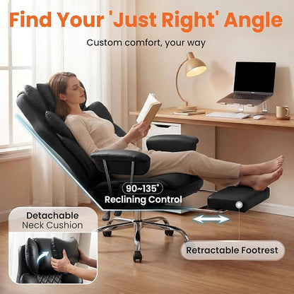 NEO CHAIR Big and Tall Office Chair Gaming Computer Chair High Back Heavy Duty Desk Chai with Lumbar Support Adjustable Recliner Footrest Wide Seat Leather Executive Home with Wheels (Leather Black)