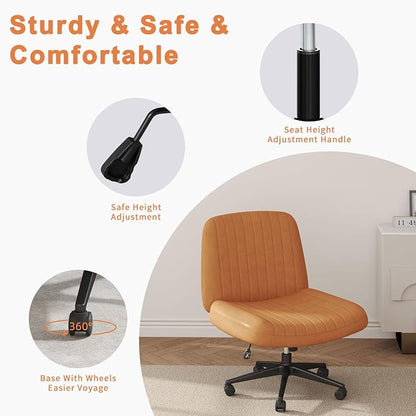 Shintenchi Criss Cross Chair,Cross Legged Office Seat with Wheels Armless Swivel Vanity Chair,Height Adjustable Wide Computer Task Seating for Home Office,PU Leather,Orange