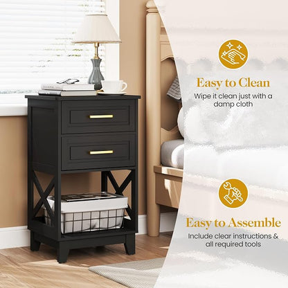 RoyalCraft 30" Tall Nightstand, Modern Painted Bedside Table with 2 Drawers and Open Shelf, Wood Side Table for Bedroom, Home Office, Black-Open Shelf Below, Set of 2