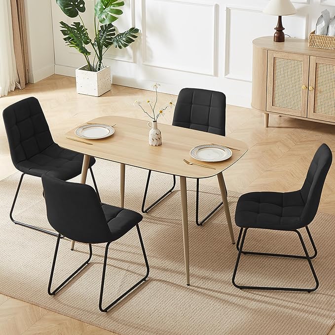 HIPIHOM 47.2" Modern Dining Table Set for 4, Wood Table with 4 Black Leather Chairs, Stylish Kitchen & Dining Room Furniture, Space-Saving Table and Chairs Set