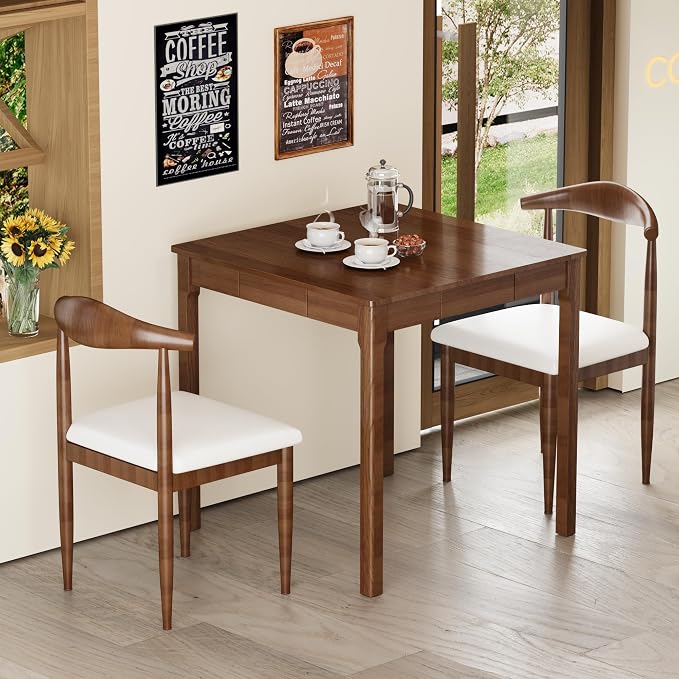 Solid Wooden Desk with Drawers - 29.5” Square Dining Table for 2-4 People, Rubberwood Mid Century Modern Desks, Small Writing Desk for Small Spaces|Bedroom|Kitchen|Apartment - Walnut Desks