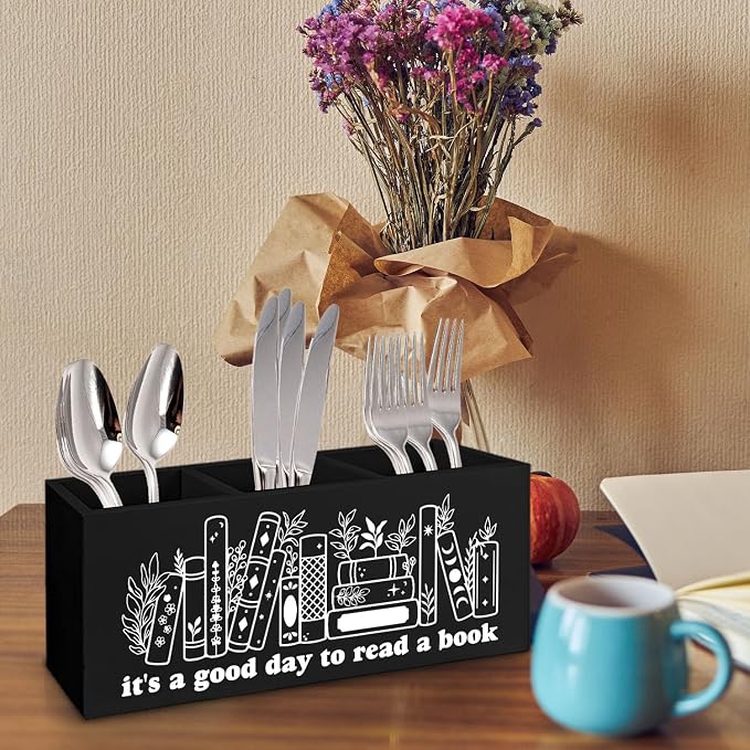 Black Wooden Pen Pencil Bookmark Holder Decor for Desk, Book Club Gifts It's a Good Day to Read a Book Wood Makeup Brush Toothbrush Holder Organizer for Reading Corner Bedroom