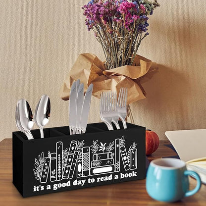Black Wooden Pen Pencil Bookmark Holder Decor for Desk, Book Club Gifts It's a Good Day to Read a Book Wood Makeup Brush Toothbrush Holder Organizer for Reading Corner Bedroom