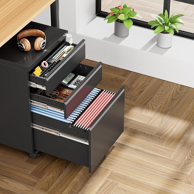 INTERGREAT 3 Drawer File Cabinet, Metal Filling Cabinets with Lock, Locking Office Mobile Cabinet with Wheels for Legal/Letter Size, Under Desk, Assembled Required, Black