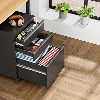 INTERGREAT 3 Drawer File Cabinet, Metal Filling Cabinets with Lock, Locking Office Mobile Cabinet with Wheels for Legal/Letter Size, Under Desk, Assembled Required, Black