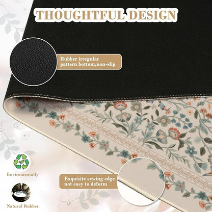 iCasso Aesthetic Floral Desk Mat, L Mouse Pads, Anti-Slip Mousepad with Stitched Edges, Waterproof Computer Pad 11.8"x31.5", Desk Accessories Office Decor for Women(Beige)
