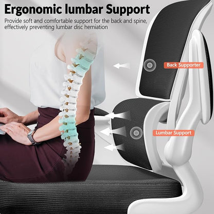BESTFAIR Ergonomic Mesh Office Chair, Breathable Mesh Computer Desk Chair, Adjustable Lumbar Support, Flip-up Armrests, Executive Swivel Chair for Home Office, White