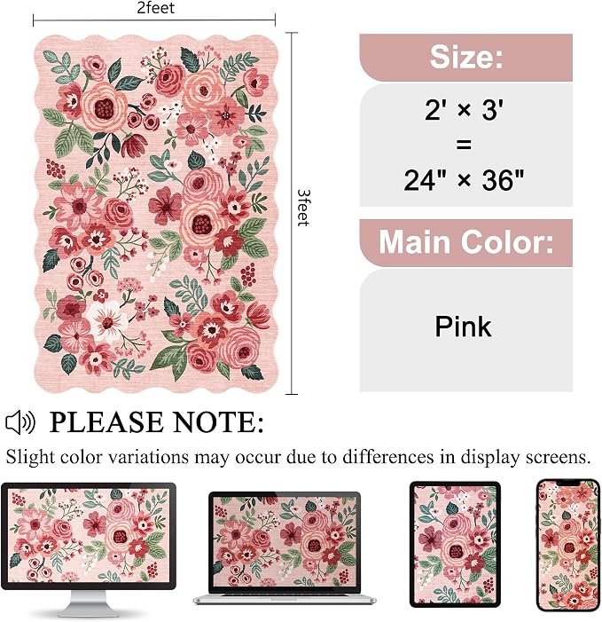 DUKINO 2x3 Entryway Rug, Floral Washable Indoor Door Mat with Non-Slip Backing, Soft Low Pile Small Front Door Throw Rugs for Entryway, Kitchen, Bedroom, Laundry, Bathroom,Pink