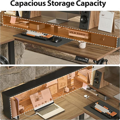 Agilestic L-Shaped Electric Standing Desk, 63x55 Inch Ergonomic Adjustable Height Desk with Storage, Stand Up Corner Desk Sit Stand Computer Table Power Outlet & LED Lights, Office Table, Dark Walnut