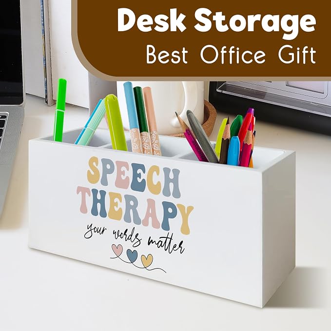 Speech Therapy Gift Decor for Desk Pen Holder,Speech Therapy Room Decor Womens Desk Accessories for Office Bathroom Wooden Pen Holder