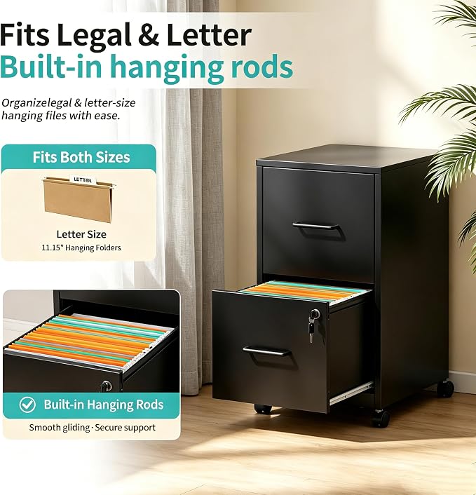 SAWJEC 2 Drawer File Cabinet with Lock, Black Metal Filing Cabinet for Home Office, Assembly Required, Vertical Locking File Cabinet with Letter Size Hanging Files, 17.7" D x 15.0" W x 26.8" H