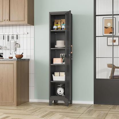 67"H Black Metal Locker with 1 Lockable Door and 4 Adjustable Shelves For Employees, 5 Tier Thin Storage Cabinet with Detachable Legs and Gold Handle for Kitchen,Office,Gym,School,Easy Assembly 2Pcs