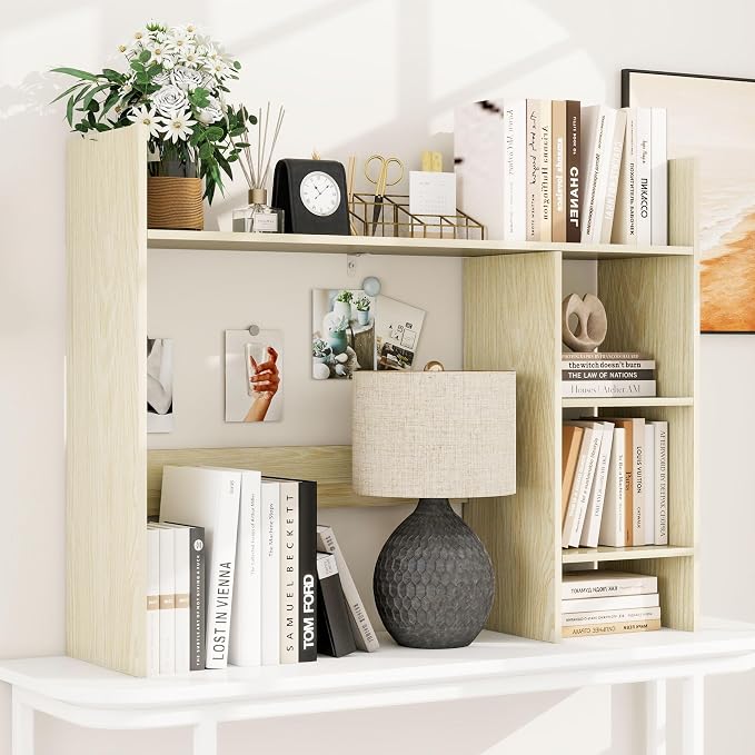 FTZxHKLX Desktop Bookshelf, 37.4’’ Wooden Desk Storage Hutch with 3 Shelves,4 Tier Multipurpose Display Shelf with Storage, Wooden Desk Shelf Organizer for Computer Desk, College Dorm, Office, Home