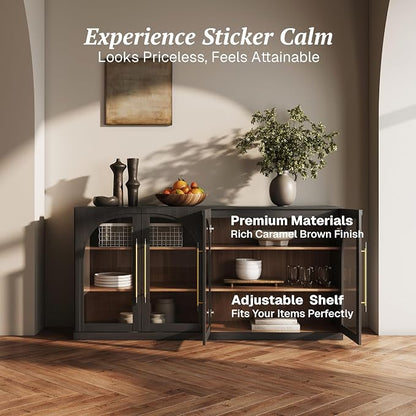 BELLEZE 65" Kitchen Storage Cabinet with Adjustable Shelves, Freestanding Accent Cabinet with Fluted Gold Handles & Arched Design, Modern Credenza for Living Room, Entryway - Ebony