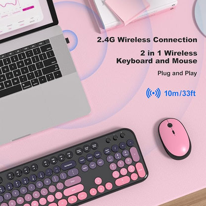 MOFII Wireless Keyboard and Mouse Combo, Full Size 2.4G Retro Round Computer Keyboard and Mouse Set, Plug and Play, for Windows, Computer, Desktop, PC, Notebook - (Lovely Plum Pink Gradient)