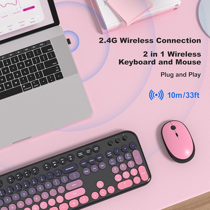 Atelus Wireless Keyboard Mouse Combo, Typewriter Full Size Keyboard with Number Pad and 2 in 1 USB Connected Mouse for PC Computer Laptop Desktop Windows 7 8 10 11 (Berry Pink)