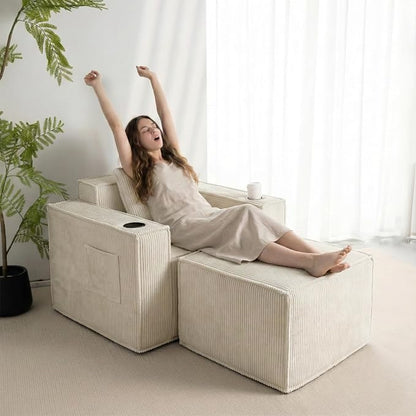 Cloud Single Sofa,Comfy Lounge Chair with Elevated Seat Height, Cup Holder & Side Pocket,No Assembly Required, Foam Couch for Small Space Bedroom Office Apartment (White, with Ottoman)