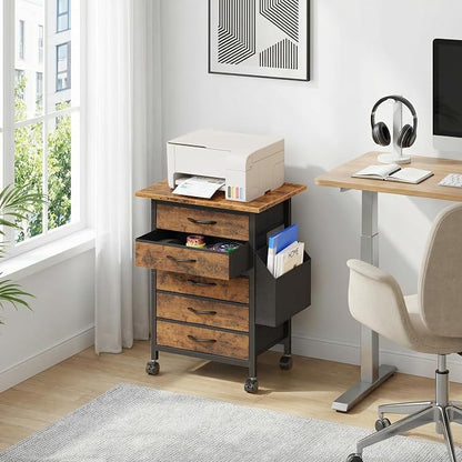 HIGDBFE 5 Fabric Drawers File Cabinet with Side Pocket, Rolling Printer Stand with Storage for Home Office, Wood Top Storage Cabinet Office Storage for Documents and Crafts, Rustic Brown, 15" D
