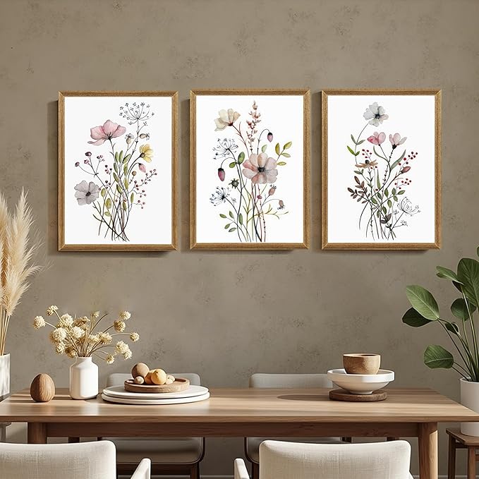 WRFON Framed Botanical Canvas Wall Art Set of 3, Watercolor Floral Prints, Framed Flower Wall Decor for Bedroom Bathroom Living Room, 16x24 Inch Each