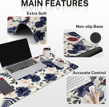 Britimes Navy Blue Florals Keyboard Mouse Pad Set Red Peony Florals Boho 4in1 Large Mousepad+Keyboard Wrist Rest+Mouse Wrist Rest+Coaster Ergonomic Design for Home Office Computer 35.4x15.7 inches