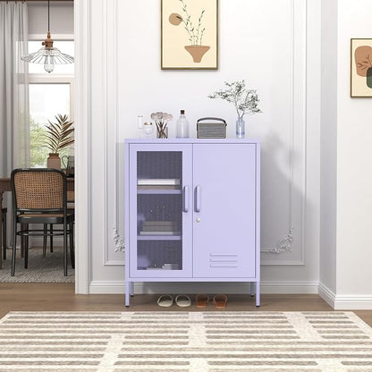 Metal Storage Cabinet with Mesh Doors 33"H Steel Locker Cabinet with 2 Tier Adjustable Shelves Purple Lockable Metal Locker Cabinets Sideboard for Home Office Entryway Size：33" H X 29.5" W X 13.8" D