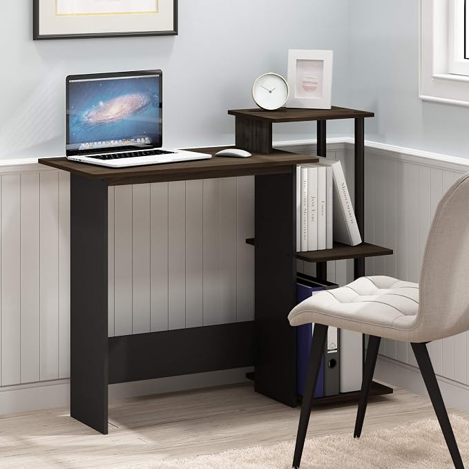 Furinno Efficient 29-Inch Brown Computer Desk, Office Desk with 3 Side Shelves, Rectangular Home Office Desk, Gaming Desk for Home Office, Bedroom, Study Room, Brown Walnut