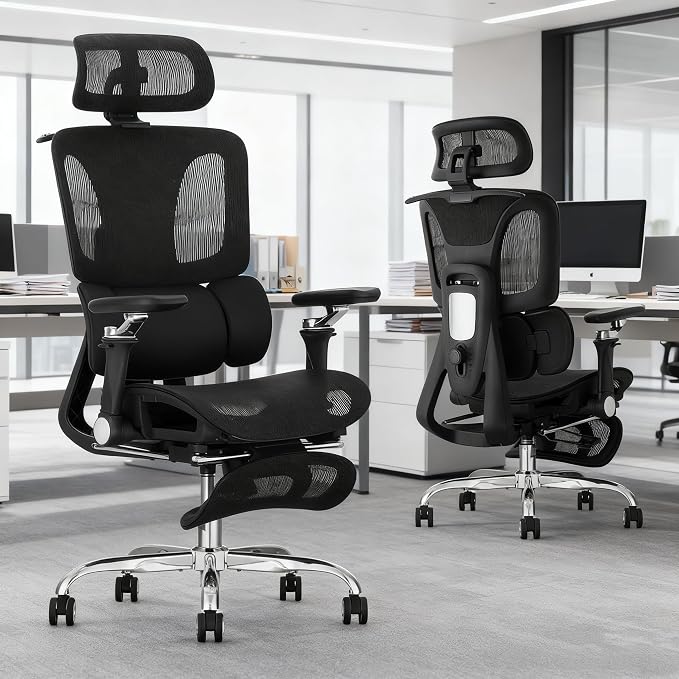 Ergonomic Office Chair with 3-Zone Dynamic Lumbar Support, Big and Tall Office Chair with Footrest, Adjustable Seat Depth,4D Headrest,6D Armrests, Swivel Executive Chair for Home Office,Black