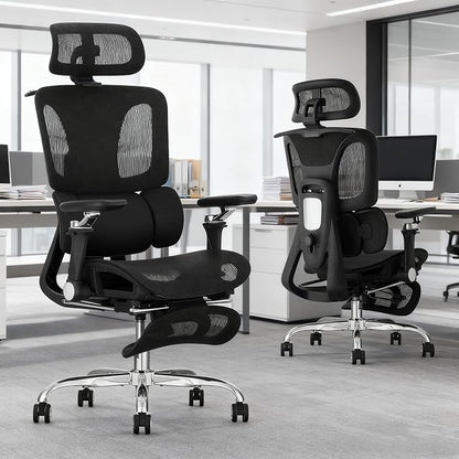 Ergonomic Office Chair with 3-Zone Dynamic Lumbar Support, Big and Tall Office Chair with Footrest, Adjustable Seat Depth,4D Headrest,6D Armrests, Swivel Executive Chair for Home Office,Black