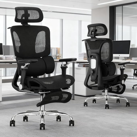 Ergonomic Office Chair with 3-Zone Dynamic Lumbar Support, Big and Tall Office Chair with Footrest, Adjustable Seat Depth,4D Headrest,6D Armrests, Swivel Executive Chair for Home Office,Black