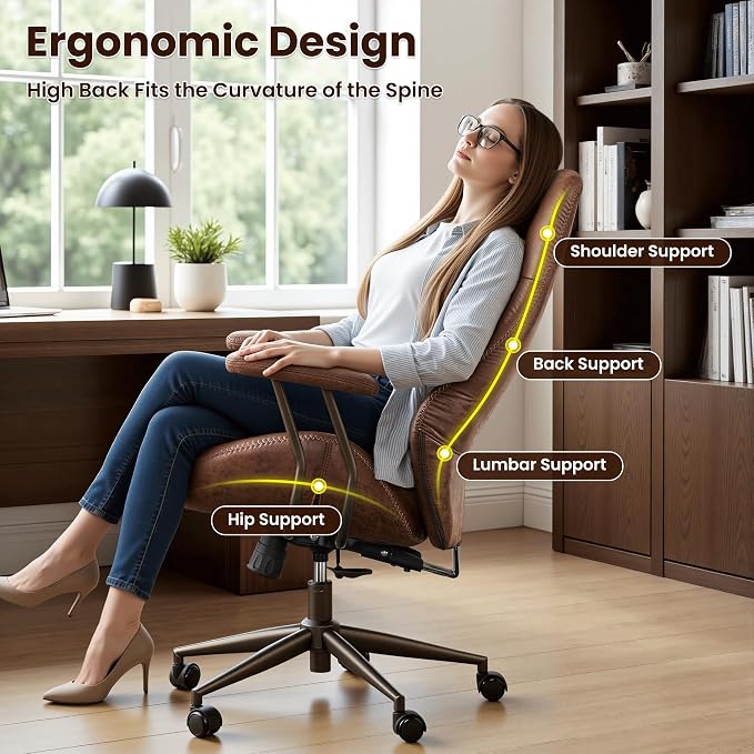 ovios Executive Ergonomic Office Chair, High Back Comfy Faux Suede Leather Computer Chairs, Mid-Century Modern Swivel Rolling Task Armchair, Dark Brown