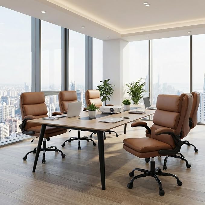 Mid Back Office Desk Chair,Leather Conference Room Chairs,Ergonomic Home Computer Chair,Modern Executive Chair with Padded Flip-up Armrest and Swivel Wheels (Brown)