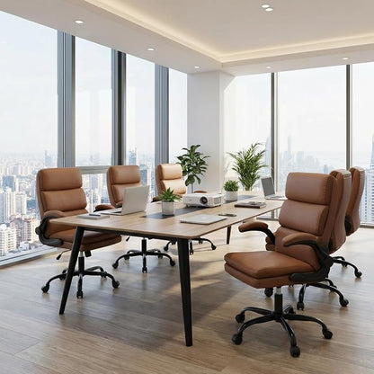 Mid Back Office Desk Chair,Leather Conference Room Chairs,Ergonomic Home Computer Chair,Modern Executive Chair with Padded Flip-up Armrest and Swivel Wheels (Brown)