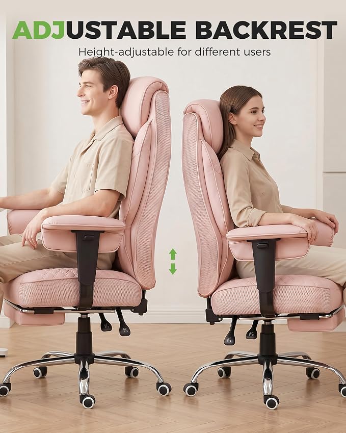 GTPLAYER Big and Tall Office Chair, High Back Computer Gaming Chair with Ergonomic Lumbar Support &Pocket Spring Cushion for Lower Back Pain Relief, Leather Executive Chair with Foot Rest, Pink