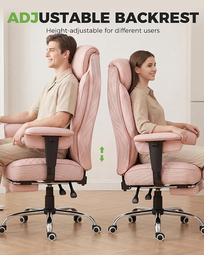 GTPLAYER Big and Tall Office Chair, High Back Computer Gaming Chair with Ergonomic Lumbar Support &Pocket Spring Cushion for Lower Back Pain Relief, Leather Executive Chair with Foot Rest, Pink