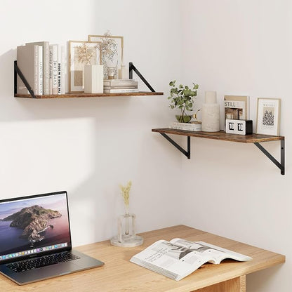 Heimlove Deep Floating Shelves for Wall, 24W x 8D Wood Wall Shelves Set of 2, Wide Floating Bookshelf for Living Room, Kitchen, Office, Bedroom and Decor Storage, with Metal Bracket - Rustic Brown