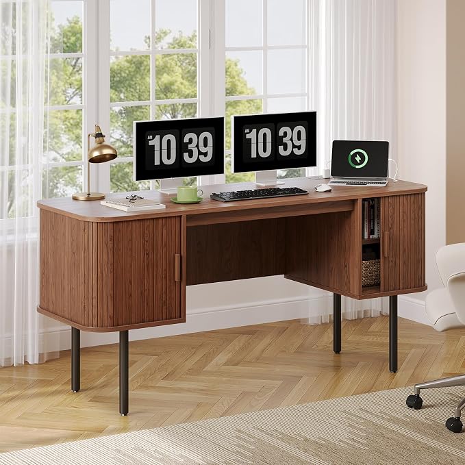 ONBRILL 63 Inch Fluted Computer Desk with Charging Station, Mid Century Executive Desk with 2 Storage Cabinets, Modern Home Office Large Desk with Metal Legs for Working, Studying, Writing, Walnut