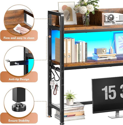 REIBII 35.5" Desk Shelf with LED Lights and Hooks,2-Tier Adjustable Multipurpose Solid Wood Desk Hutch Dorm,Desktop Organizer Rack with 3 Display Rack for Dorm,Office Home,Rustic Brown