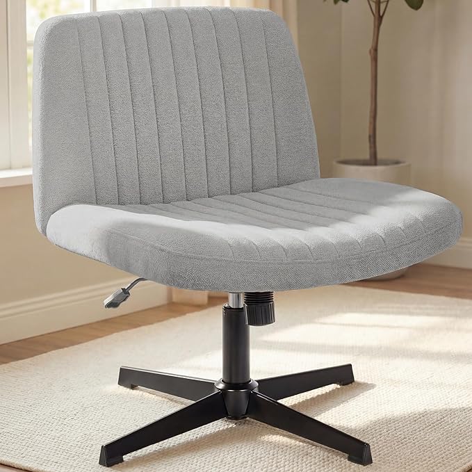 NEO CHAIR Criss Cross Chair No Wheel Vanity Desk Chair Wide Armless Cross Legged Office Comfy Makeup Adjustable Computer Task for Home Office Fabric (Grey)