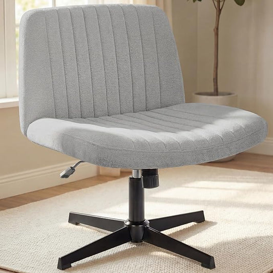 NEO CHAIR Criss Cross Chair No Wheel Vanity Desk Chair Wide Armless Cross Legged Office Comfy Makeup Adjustable Computer Task for Home Office Fabric (Grey)