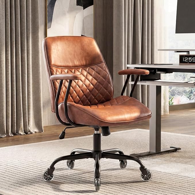 NEO CHAIR Ergonomic Leather Office Desk Chair with Adjustable Armrests Mid Back Lumbar Support Swivel Executive Computer Chair with Wheels Comfy Home Office Chair for Adults (Brown)