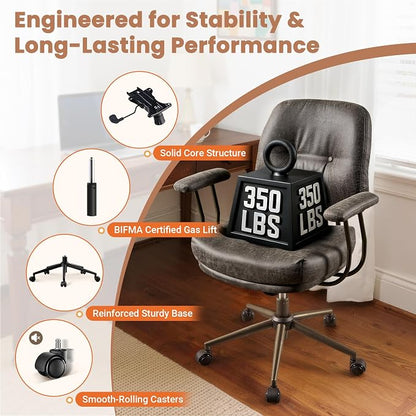 Leather Home Office Chair, Mid Back Ergonomic Desk Chair with Lumbar Support, Mid Century Modern Deep Seat Swivel Rocking Computer Chair, Dark Gray