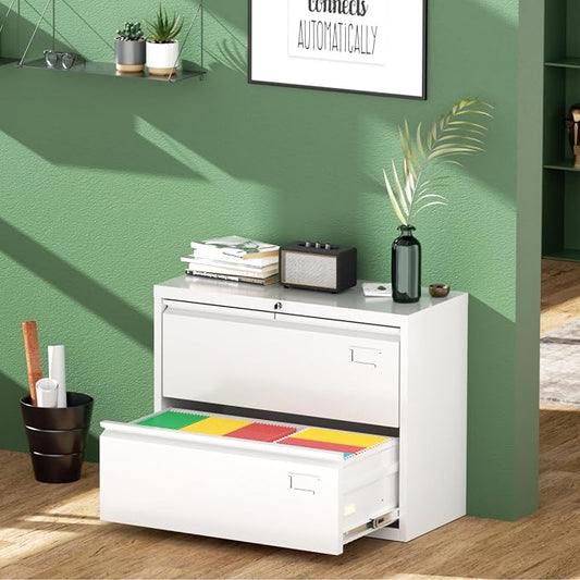 Greenvelly 2 Drawer Filing Cabinet, White Lateral File Cabinet with Lock, Metal File Cabinets with Adjustable Hanging Bars&2 Keys, Locking File Cabinet for Home Office, Legal/F4/Letter, Etc