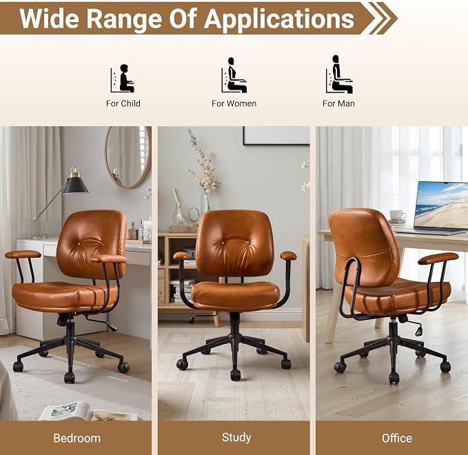 Ergonomic Home Office Chair, Mid-Century PU Leather Home Office Desk Chairs with Wheels, Office Computer Chair with Rocking Swivel (Brown,PU Leather)