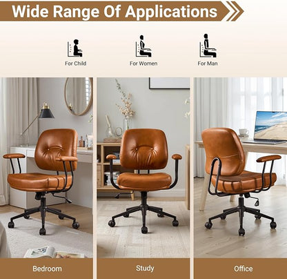 Ergonomic Home Office Chair, Mid-Century PU Leather Home Office Desk Chairs with Wheels, Office Computer Chair with Rocking Swivel (Brown,PU Leather)